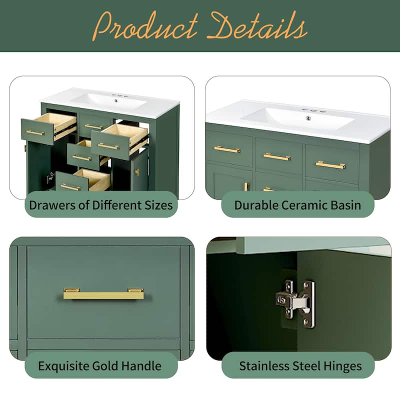 Roomfitters 72" Freestanding Bathroom Vanity with Ceramic Sink, Solid Wood Storage Cabinet with Drawers and Doors