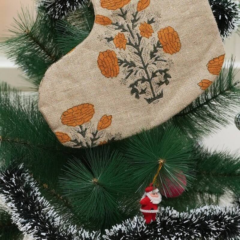 Fabdivine Linen or Cotton Hand Block Home Decorative Christmas Stockings - 16"X6.5" - Swadesh- Yellow, Green - Christmas Stockings