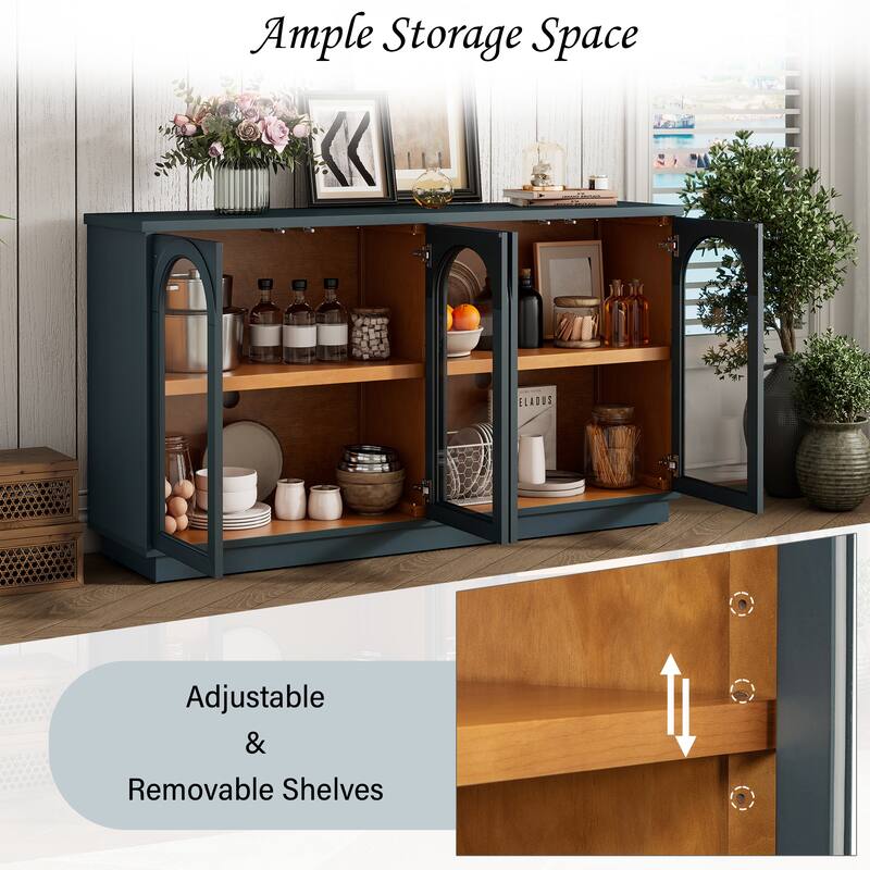 Storage Cabinet Buffet Sideboard with 4 Arched Glass Doors, Wood Accent Entryway Table with Adjustable Shelves