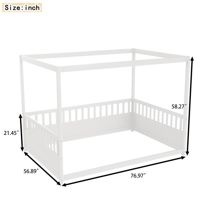 Full Size Canopy Bed Frame with Guardrails for Kids, White Wooden Montessori Floor Bed