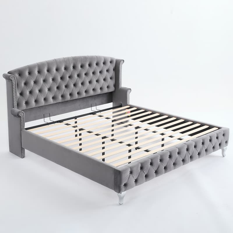 Christopher Knight Home - Larkswood Velvet Upholstered King Size Bed Frame with Wingback Headboard