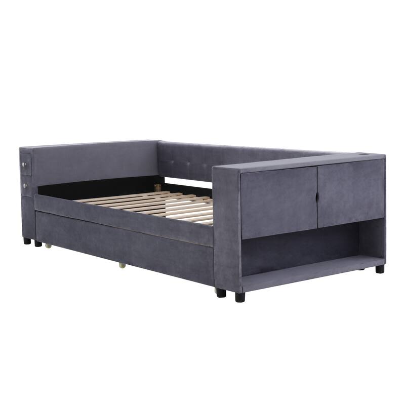 Twin Velvet Upholstered Platform Bed with Trundle, USB Charging, Storage Drawers, Beige/Gray