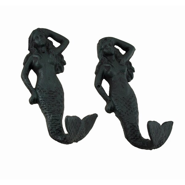 Set of 2 Goddess of the Sea Cast Iron Mermaid Wall Hooks - 5.5 X 3 X 1 inches