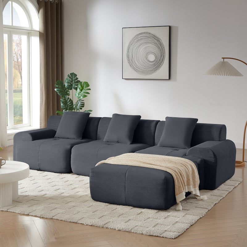 113" Modern L-Shaped Corduroy Modular Sectional Sofa with Movable Ottoman