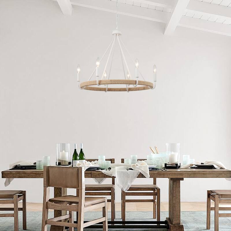 6-Light Candlestick Wagon Wheel Chandelier Hemp Rope Linear Chandelier Lighting Fixture for Kitchen Island