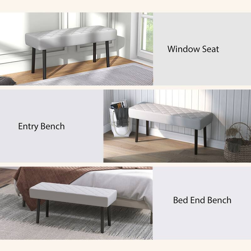 Gray Faux Leather Ottoman Bench with Diamond Pattern Steel Legs End of Bed Entryway Seating Durable Easy Clean