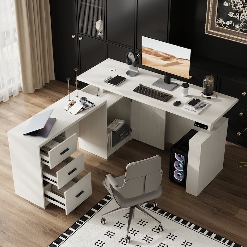 63" L Shaped Electric Standing Desk with Storage Drawers – Height Adjustable Executive Desk, Dark Brown Wood - White Wood