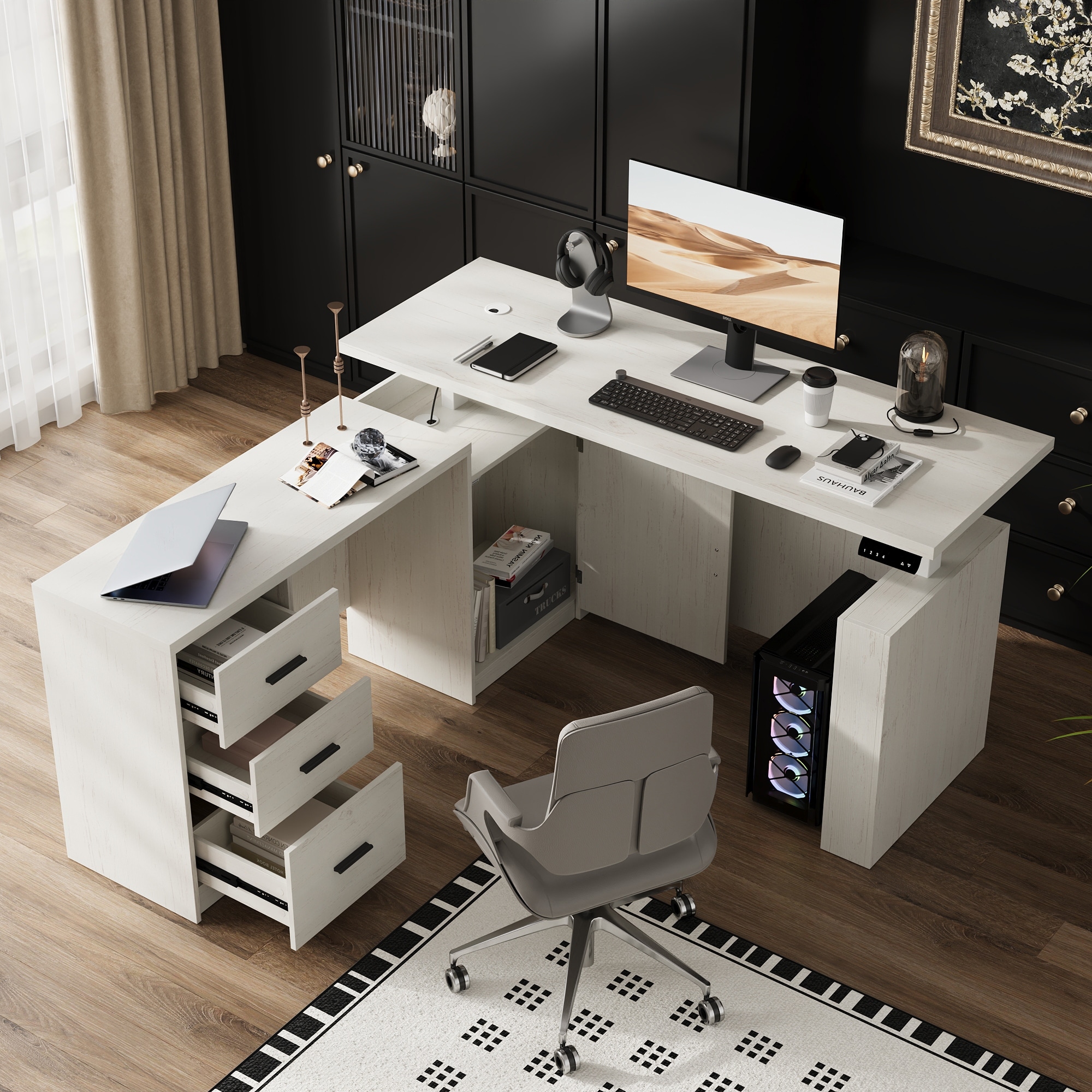 63" L Shaped Electric Standing Desk with Storage Drawers – Height Adjustable Executive Desk, Dark Brown Wood