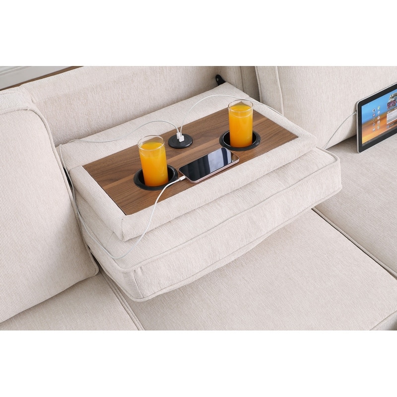 Mackenzie 91"W Chenille Fabric Reversible Sleeper Sectional with Storage Chaise, Drop-Down Table, Cup Holders & Charging Ports