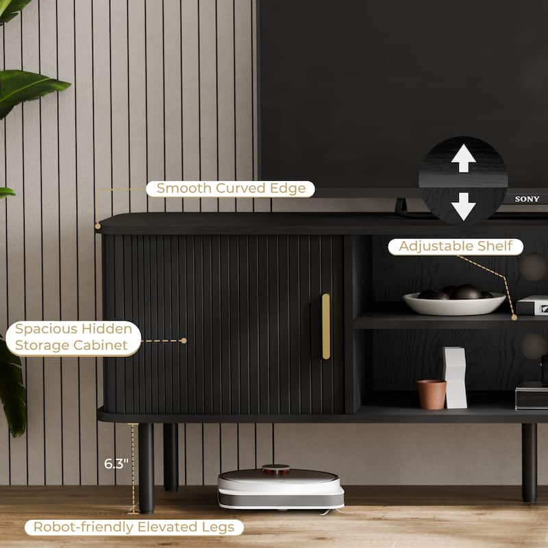 Mid-Century Modern Media Console, Tambour TV Stand with Storage Cabinet and Shelf