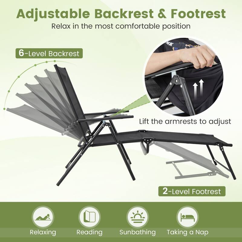 Gymax 2PCS Folding Chaise Lounge Chairs w/ 6-Level Backrest Reclining