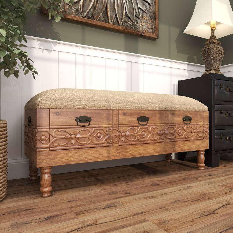 Brown Wood Intricately Carved Floral Storage Bench with Cream Burlap Top