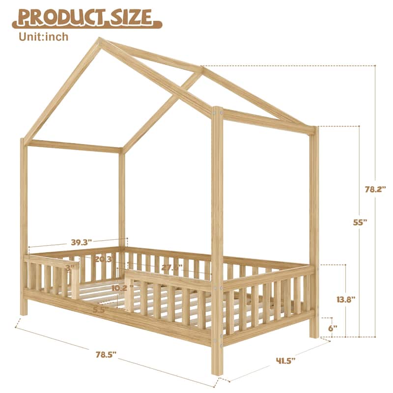 Montessori Bed, House-shape Frame Platform Bed for Kids Toddler, Wood House Daybed with High Railings and Roof, Canopy Bed Frame