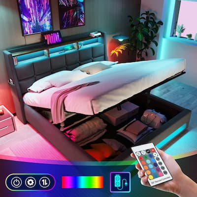 Full Size Upholstered Platform Bed with Hydraulic Storage System, LED and USB Charging
