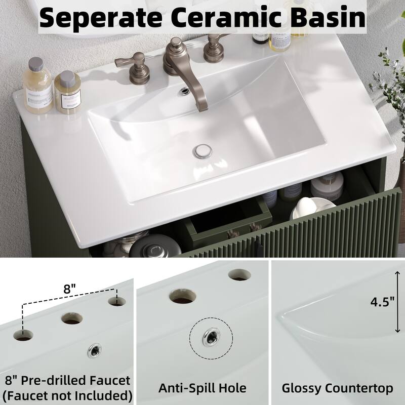 30-Inch Bathroom Vanity with a Ceramic Sink, Full-Extension Drawers, Soft-Close Undermount Slides, and a Fluted Design.