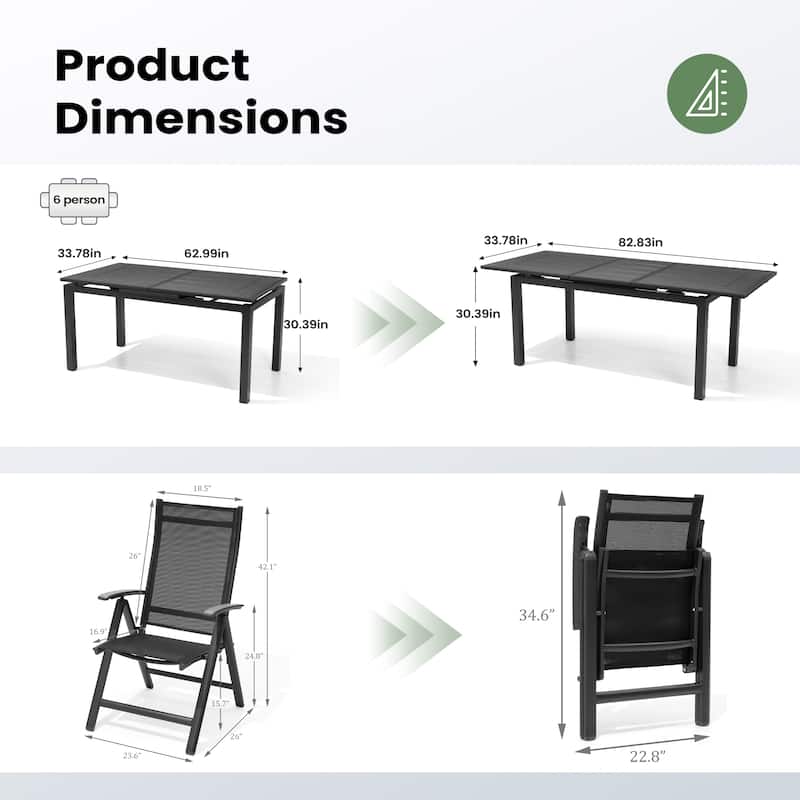7PC Pellebant Outdoor Patio Aluminum Expandable Dining Set Table WPC Top with Folding Chairs