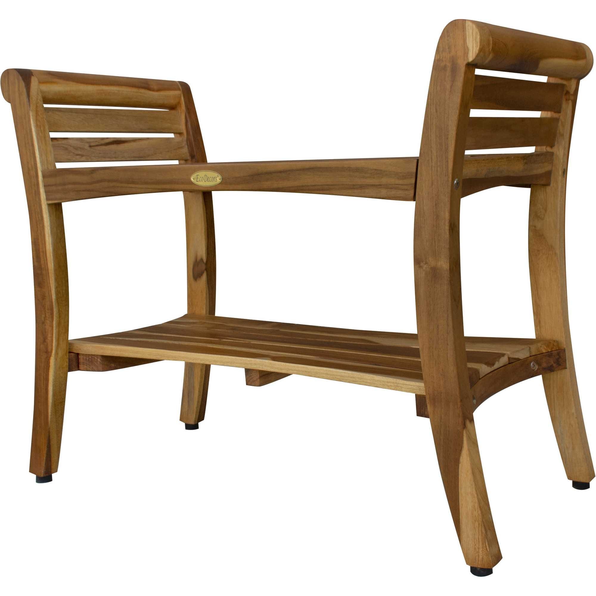 Contemporary Teak Shower Bench with Shelf and Handles in Brown Finish Contemporary Teak Shower Bench with Shelf and Handles in Brown Finish