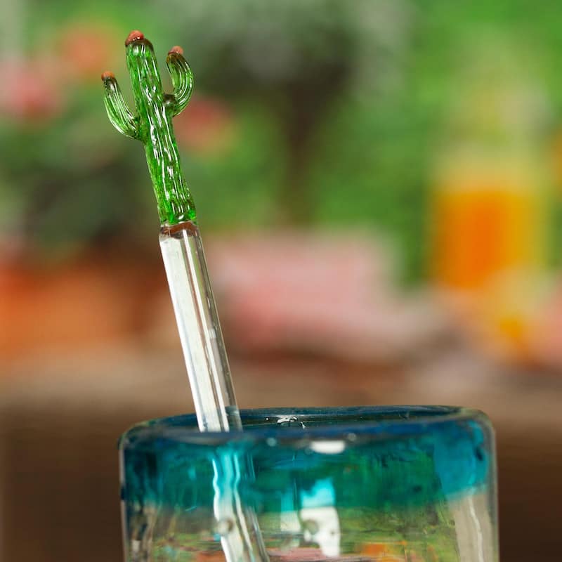 Novica Handmade Celebration Cactus Recycled Glass Cocktail Stirrer
