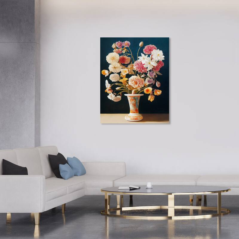 Wynwood Studio Canvas Floral and Botanical Classical Flowers Orange and Dark Blue Traditional Wall Art Canvas Print - 36 x 30