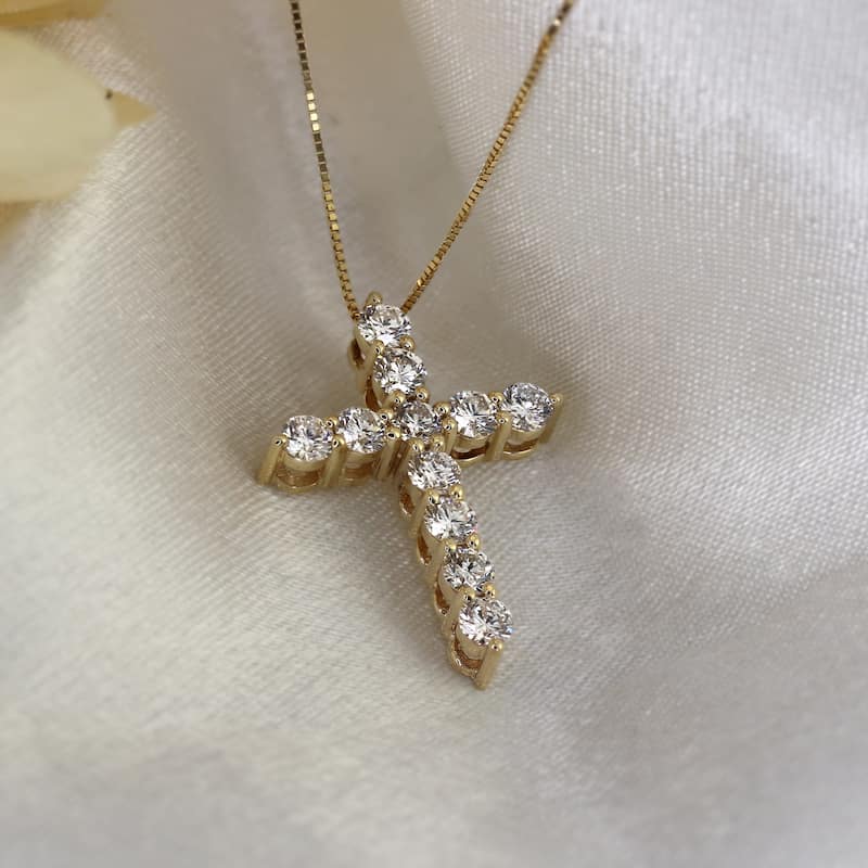 Auriya 14k Gold Round Diamond Cross Necklace 1CTW (H-I, I1-I2)