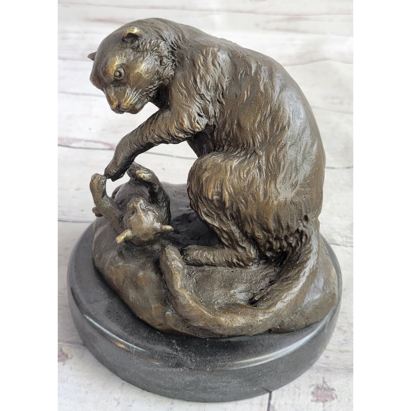 Playful Cat Kitten - Signed Handmade Bronze Sculpture On Marble Base By Milo