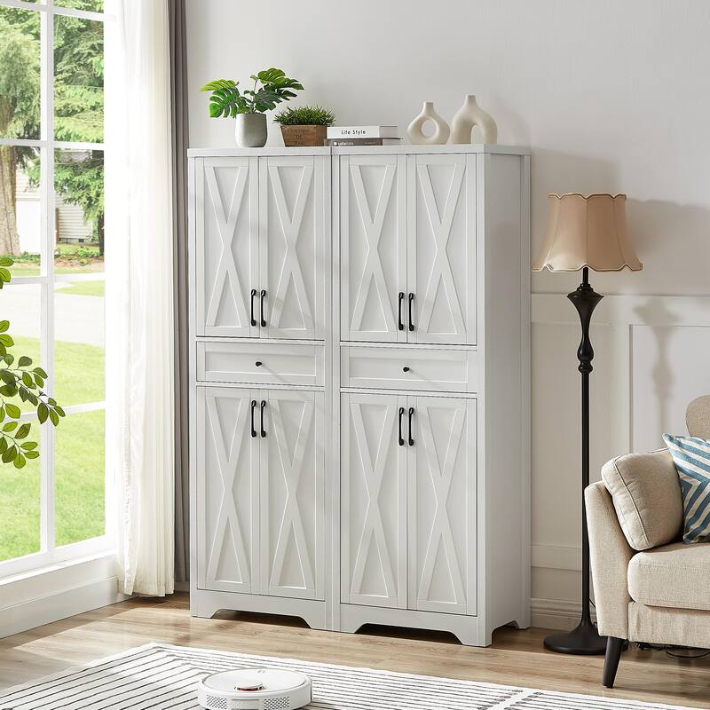 Anmytek White Farmhouse Storage Cabinet 68"Tall with X Frame Doors Adjustable Shelves