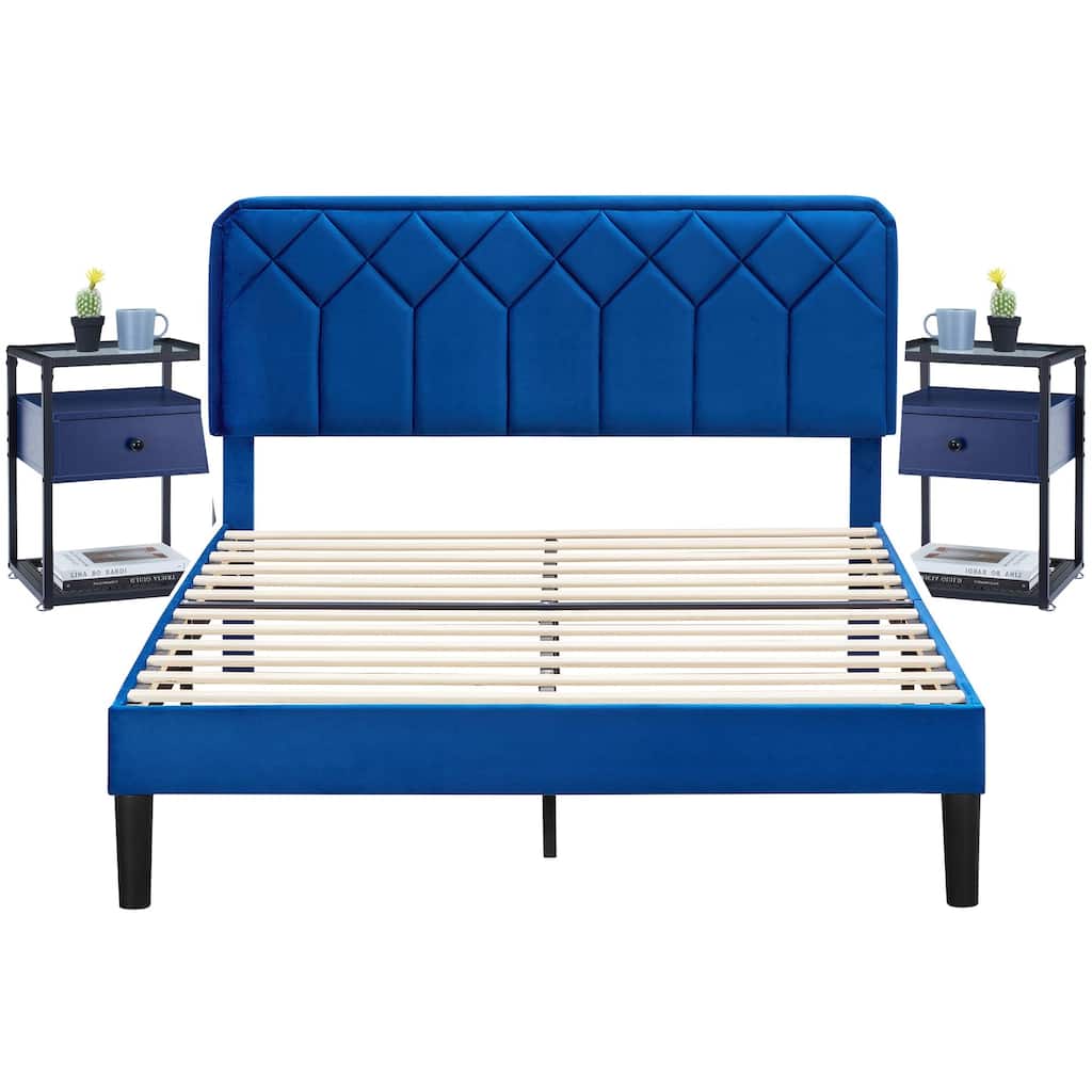 VECELO, 3-Pieces Upholstered Platform Bed Frame with Height Adjustable Headboard and Nightstands Set of 2