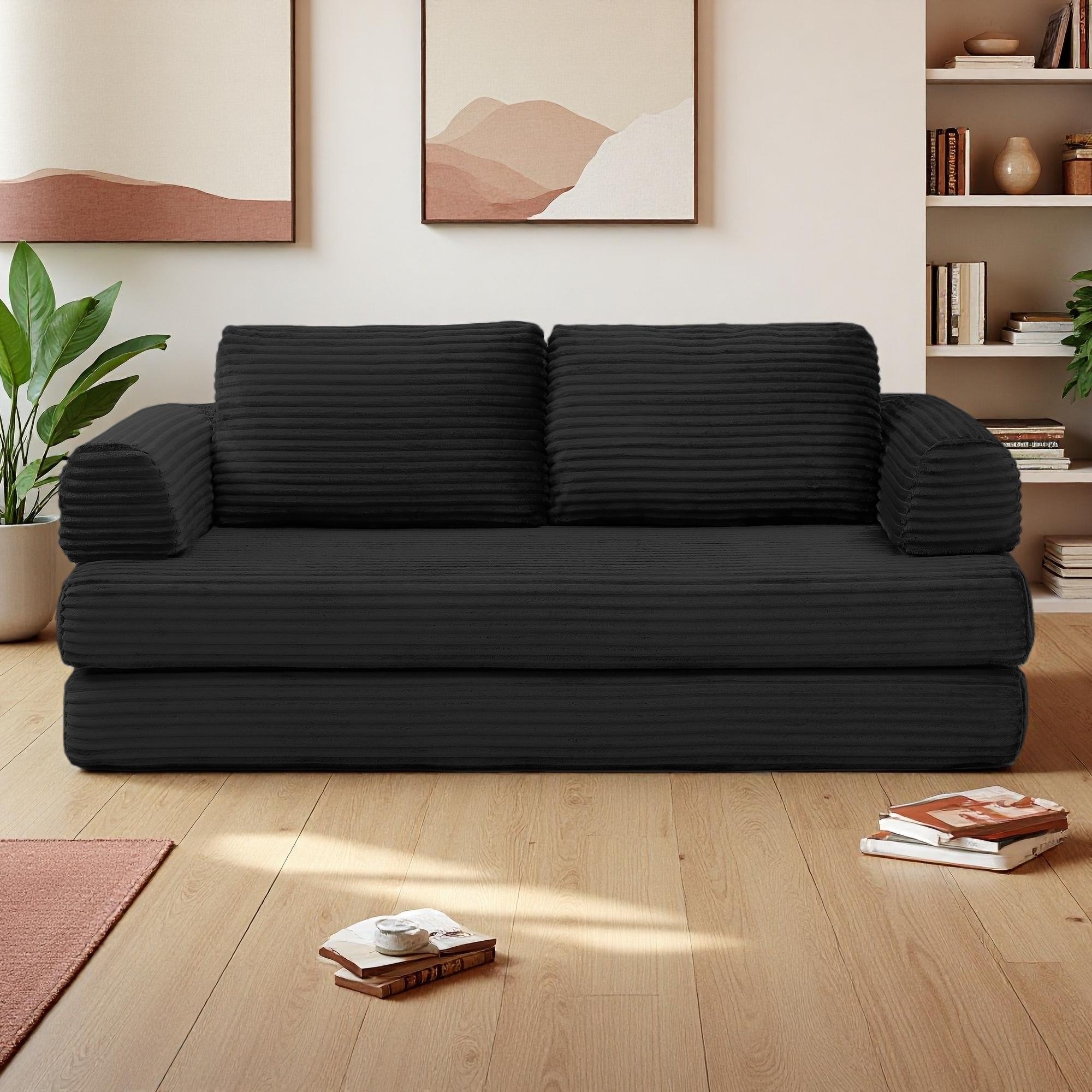 79.5'' Corduroy Folding Sofa Bed with Pillows and No Assembly Required (3-Seater)