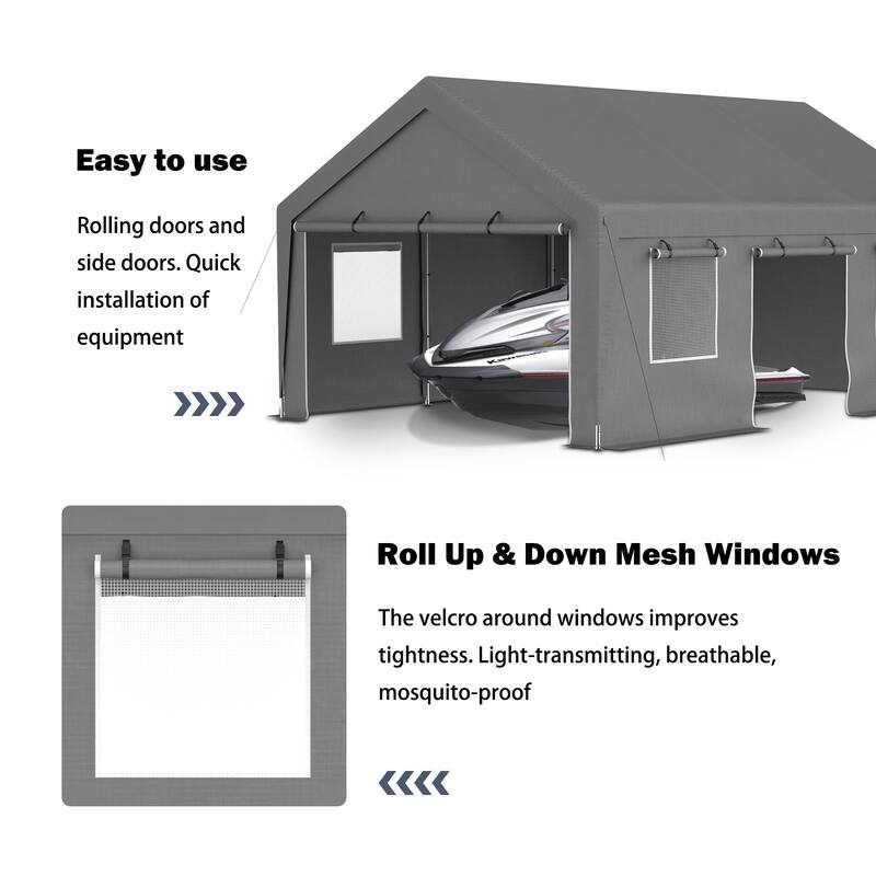 GDFStudio - Penman Heavy Duty Canopy Garage with Removable Sidewalls and Roll-up Ventilated Windows & Door