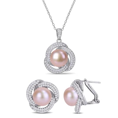 Miadora 10mm Cultured Freshwater Pink Pearl and 2 1/3ct TGW Cubic Zirconia Necklace and Earrings Set Sterling Silver