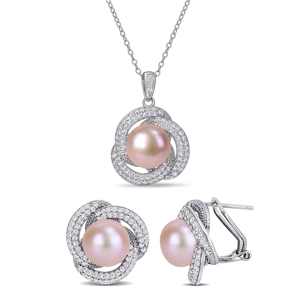 Miadora 10mm Cultured Freshwater Pink Pearl and 2 1/3ct TGW Cubic Zirconia Necklace and Earrings Set Sterling Silver