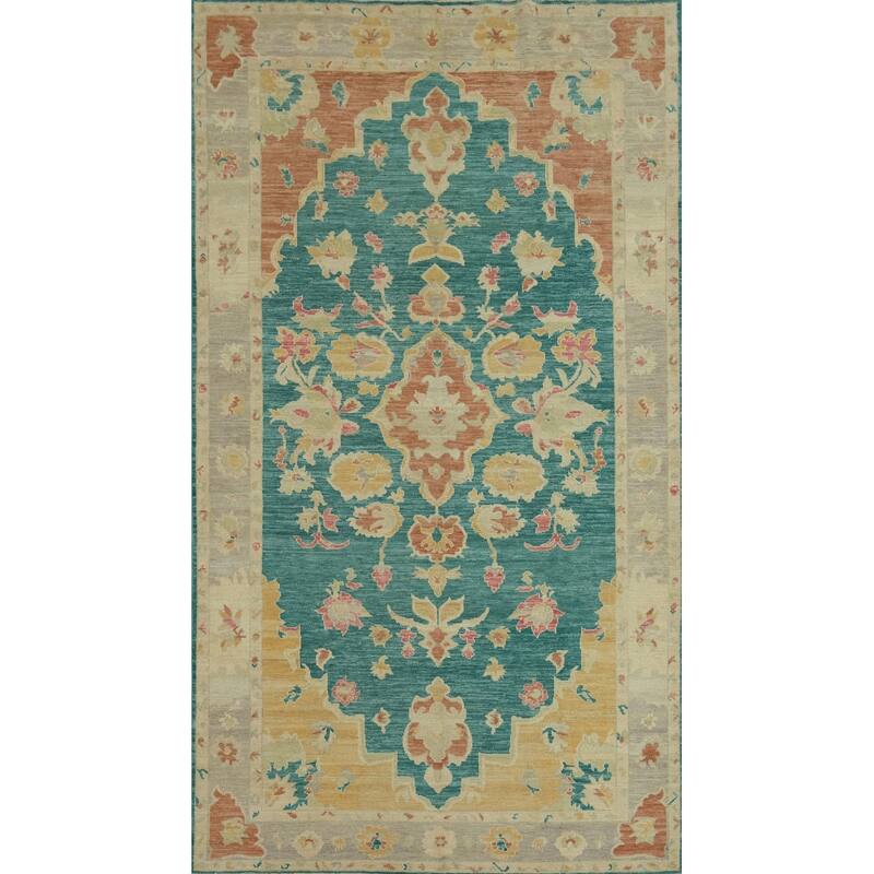 Vegetable Dye Wool Oushak Turkish Area Rug, Floral Geometric Carpet - 12' 10'' X 6' 11''