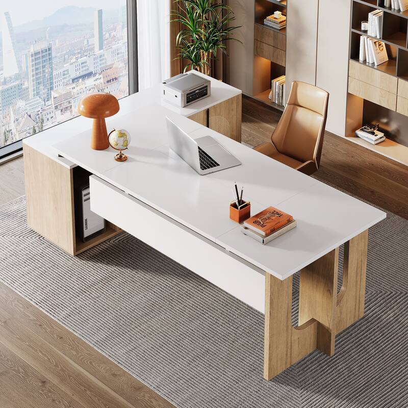74.8-Inch L Shaped Executive Desk, Large Office Computer Desk with Cabinet and Shelves for Home Office