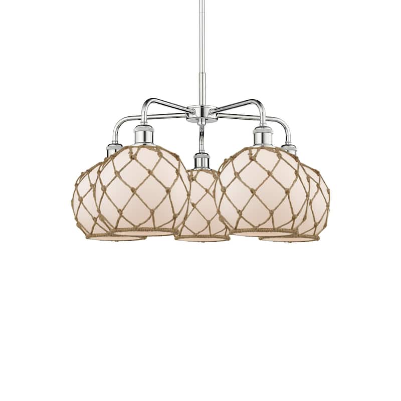 Innovations Lighting 516-5CR-16-27 Farmhouse Rope Chandelier Farmhouse - Polished Chrome / White Glass with Brown Rope