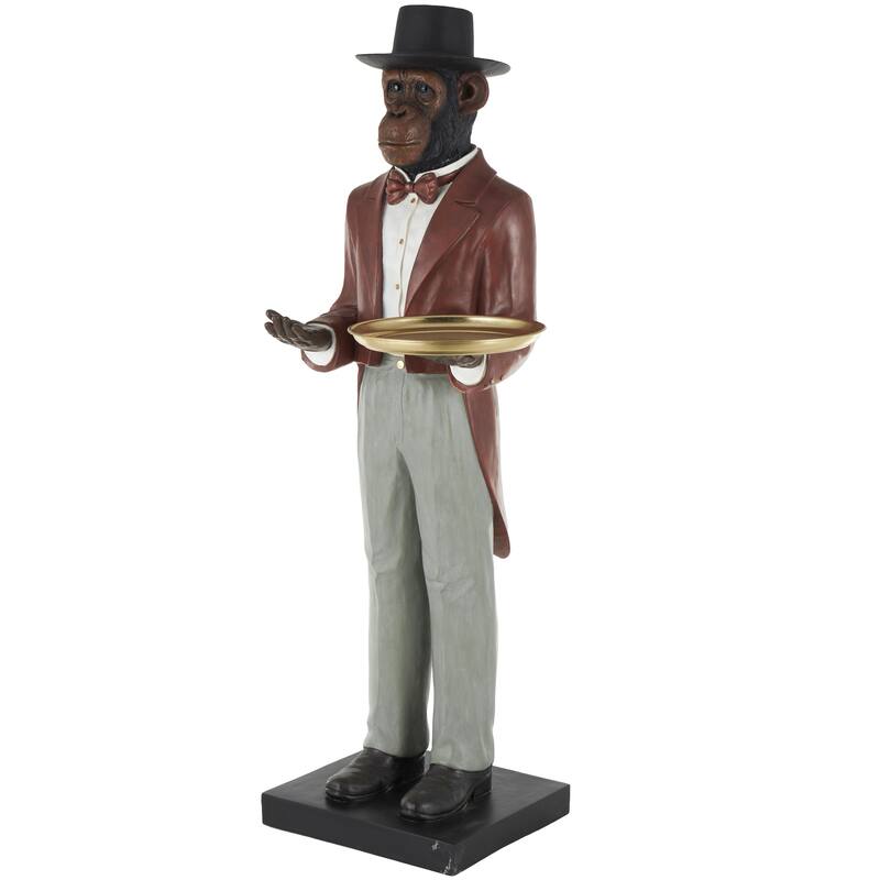 Red Resin Tall Waiter Animal Decorative Sculpture with Gold Accent and Square Base