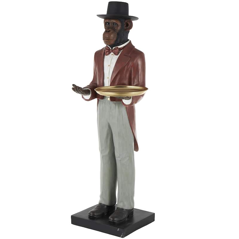 Red Resin Tall Waiter Monkey Decorative Sculpture with Gold Accent and Square Base - Red