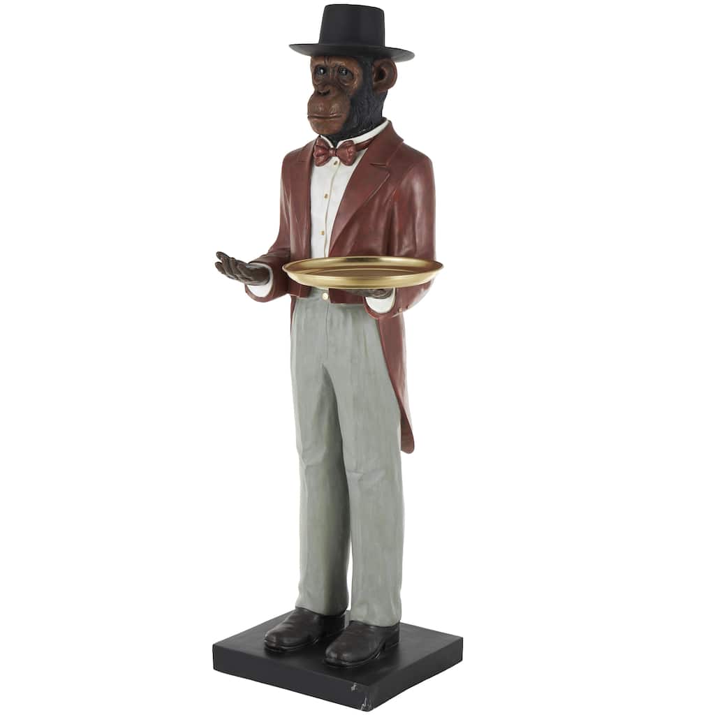 Red Resin Tall Waiter Monkey Decorative Sculpture with Gold Accent and Square Base