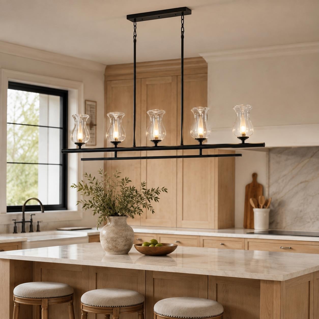 5-Light Matte Black Linear Pendant Light with Clear Tulip Glass Shades - W 48.03-in