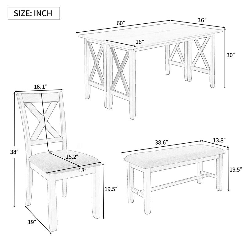 6-Piece Family Dining Set with Foldable Table and 4 Chairs and Bench