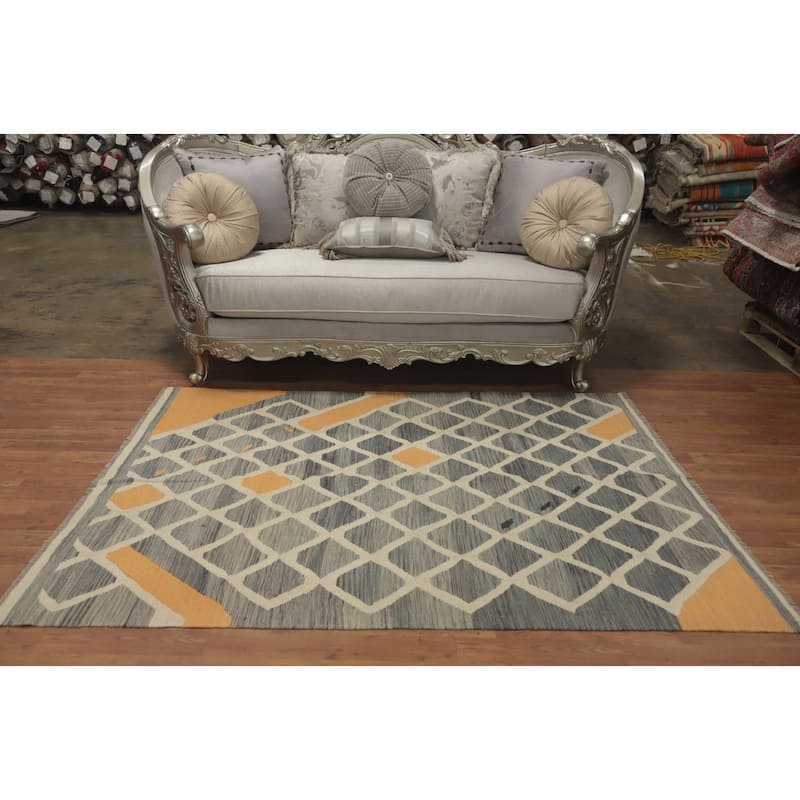 Hand Woven Oriental 100% Wool Carpet Southwestern All-Over Greys & Charcoal Kilim Area Rug - 6' 6'' X 4' 10''