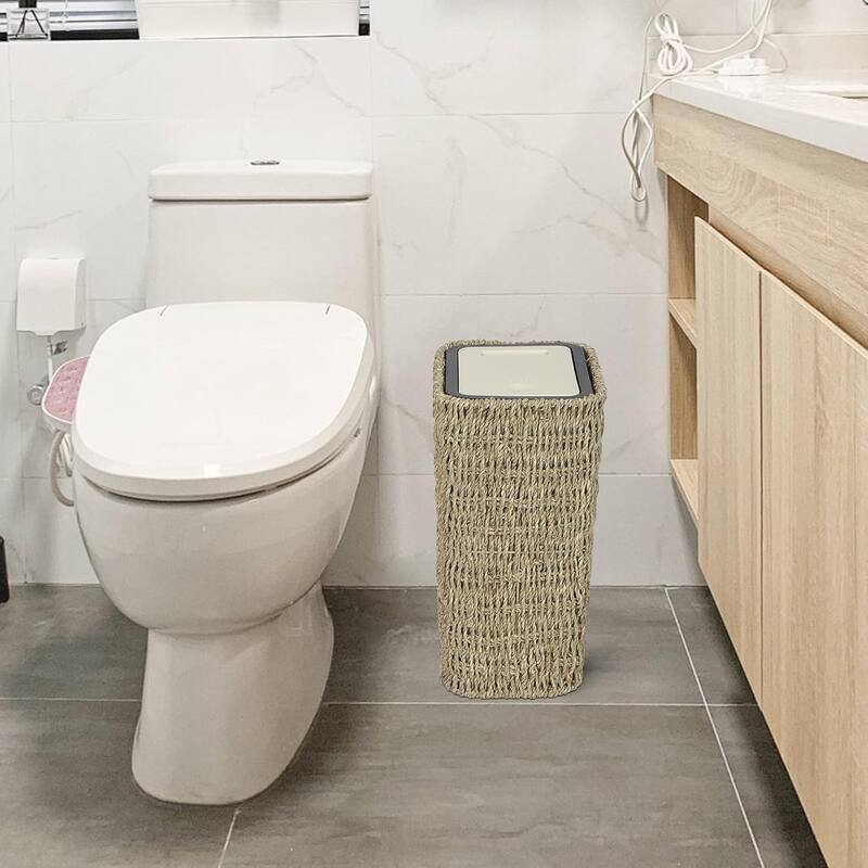 Trash Can with Lid 2.6 Gallon Small Rattan Press Top Slim Wicker 2 in 1 Waste Basket Hamper Seagrass for Bathroom Kitchen