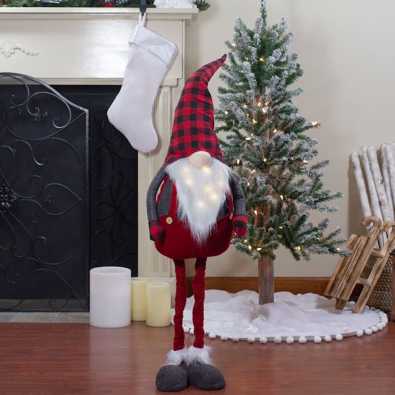 41-Inch LED Lighted Red and Black Plaid Extendable Gnome Christmas Figure - 41"
