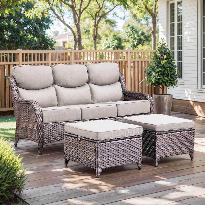Outdoor Patio Sofa Swivel Chair with 6-Inch Thick Cushions Set - Brwon Wicker Beige Cushion - 3PCS Sofa w/ Ottoman