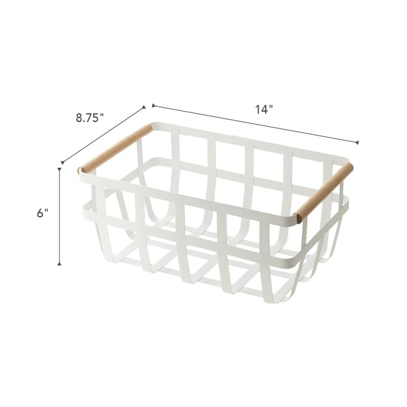 Yamazaki Home Storage Basket - Two Sizes, Steel and Wood - L 8.66 x W 13.98 x H 6.1 inches