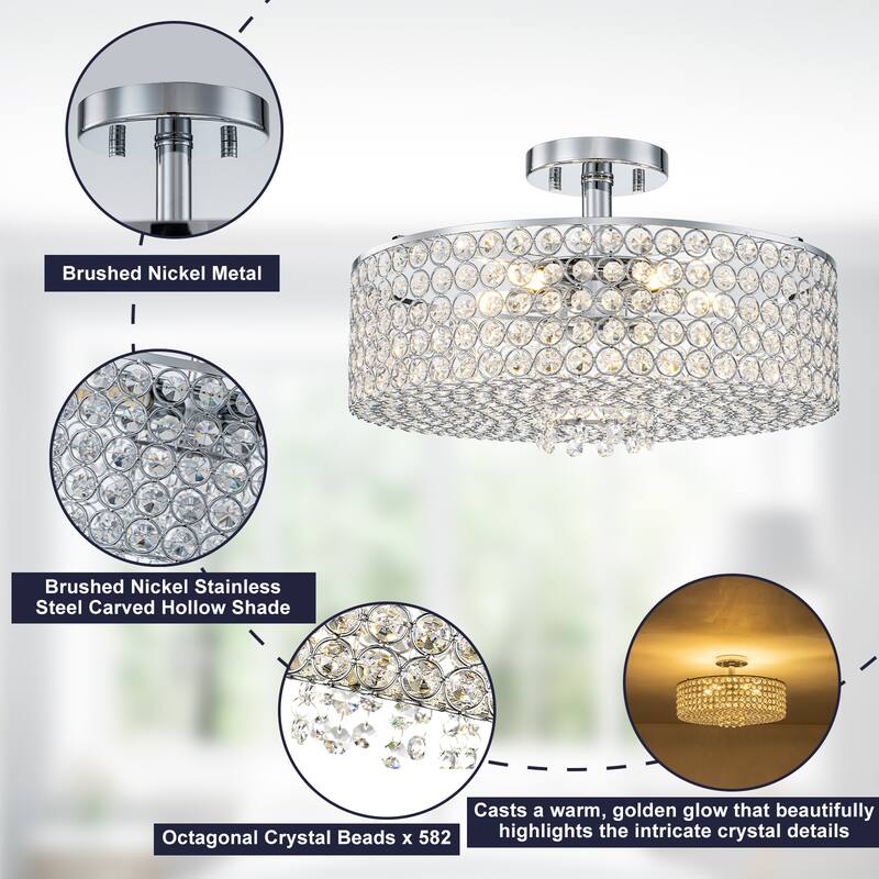 Modern 5 Light Mesh Crystal Shade Semi-Flush Mount Ceiling Light - Dia.15.75-in