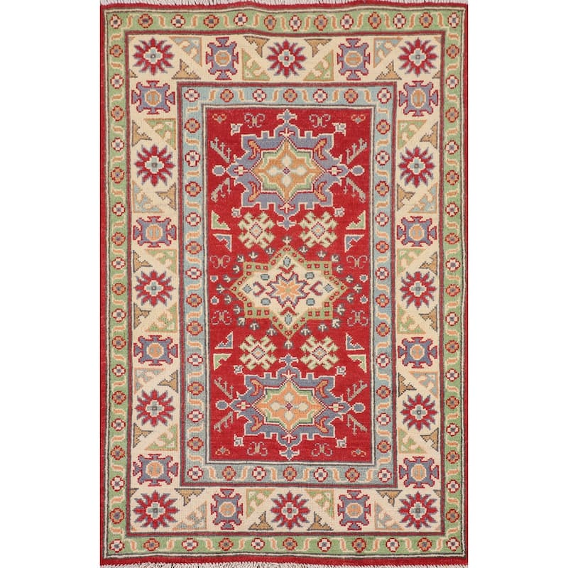 Geometric Kazak Foyer Rug Hand-Knotted Oriental Red Wool Carpet - 2'7" x 4'2"