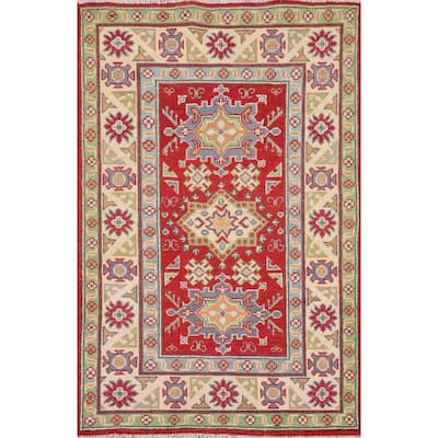 Geometric Kazak Foyer Rug Hand-Knotted Oriental Red Wool Carpet - 2'7" x 4'2"