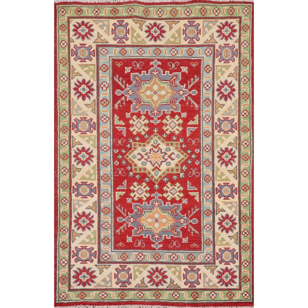 Geometric Kazak Foyer Rug Hand-Knotted Oriental Red Wool Carpet - 2'7" x 4'2"