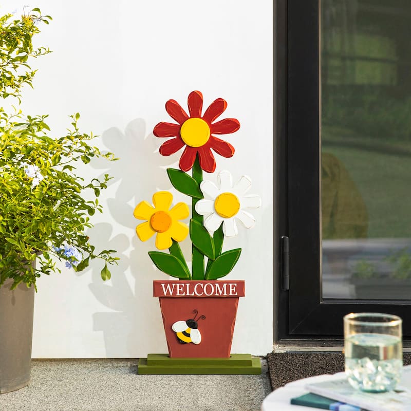 30"H Wooden Three Flowers Welcome Decor Porch Sign by Glitzhome