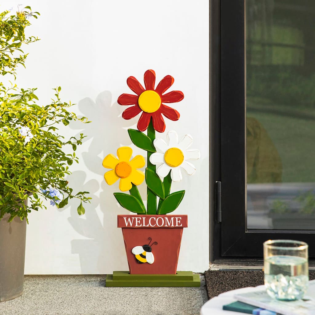 30"H Wooden Three Flowers Welcome Decor Porch Sign by Glitzhome
